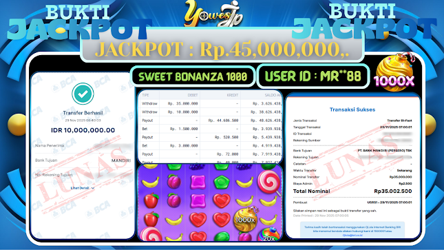 BUKTI WITHDRAW YOWESWD KEMENANGAN JACKPOT DI SLOT SWEET BONANZA 1000