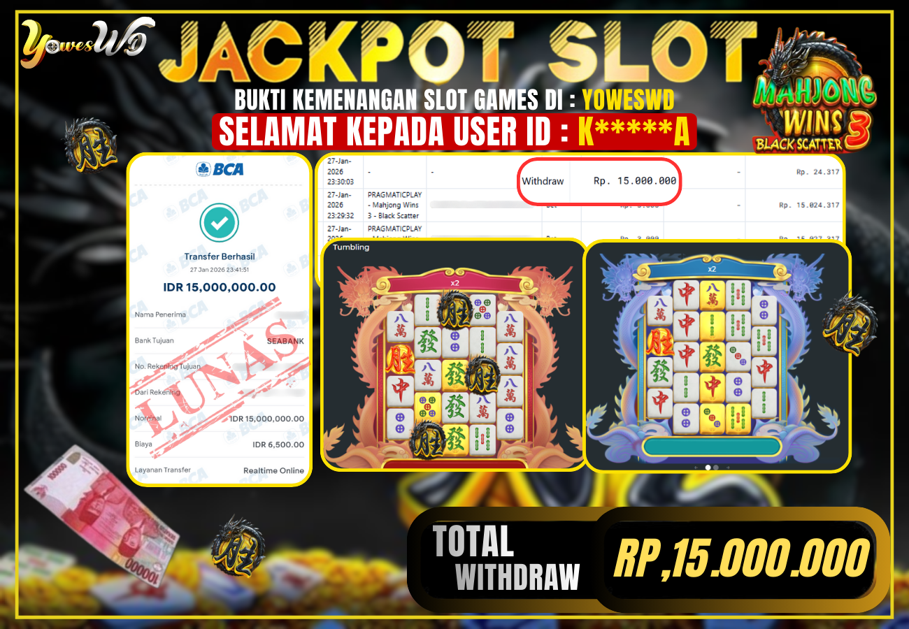 BUKTI WITHDRAW YOWESWD KEMENANGAN JACKPOT DI SLOT MAHJONG WINS BLACK SCATER