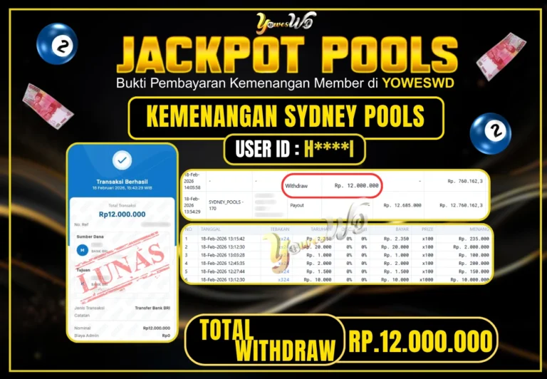 BUKTI JACKPOT KEMENANGAN SYDNEY POOLS  Rp 12,000,000 DI SITUS YOWESWD 18 February 2026