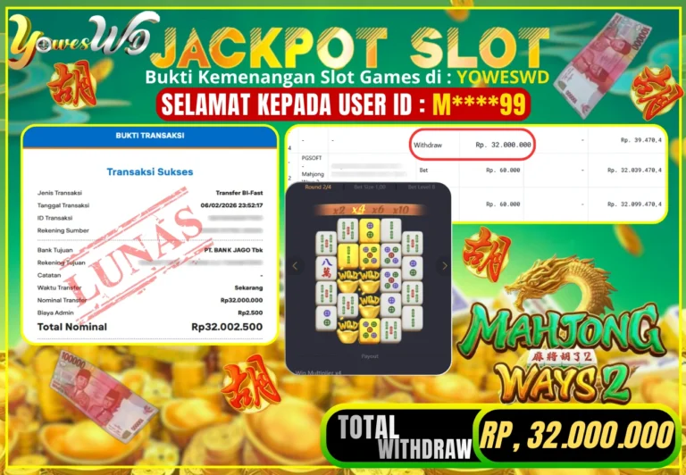 BUKTI JACKPOT KEMENANGAN SLOT MAHJONG WAYS Rp 32,000,000 DI SITUS YOWESWD 6 February 2026