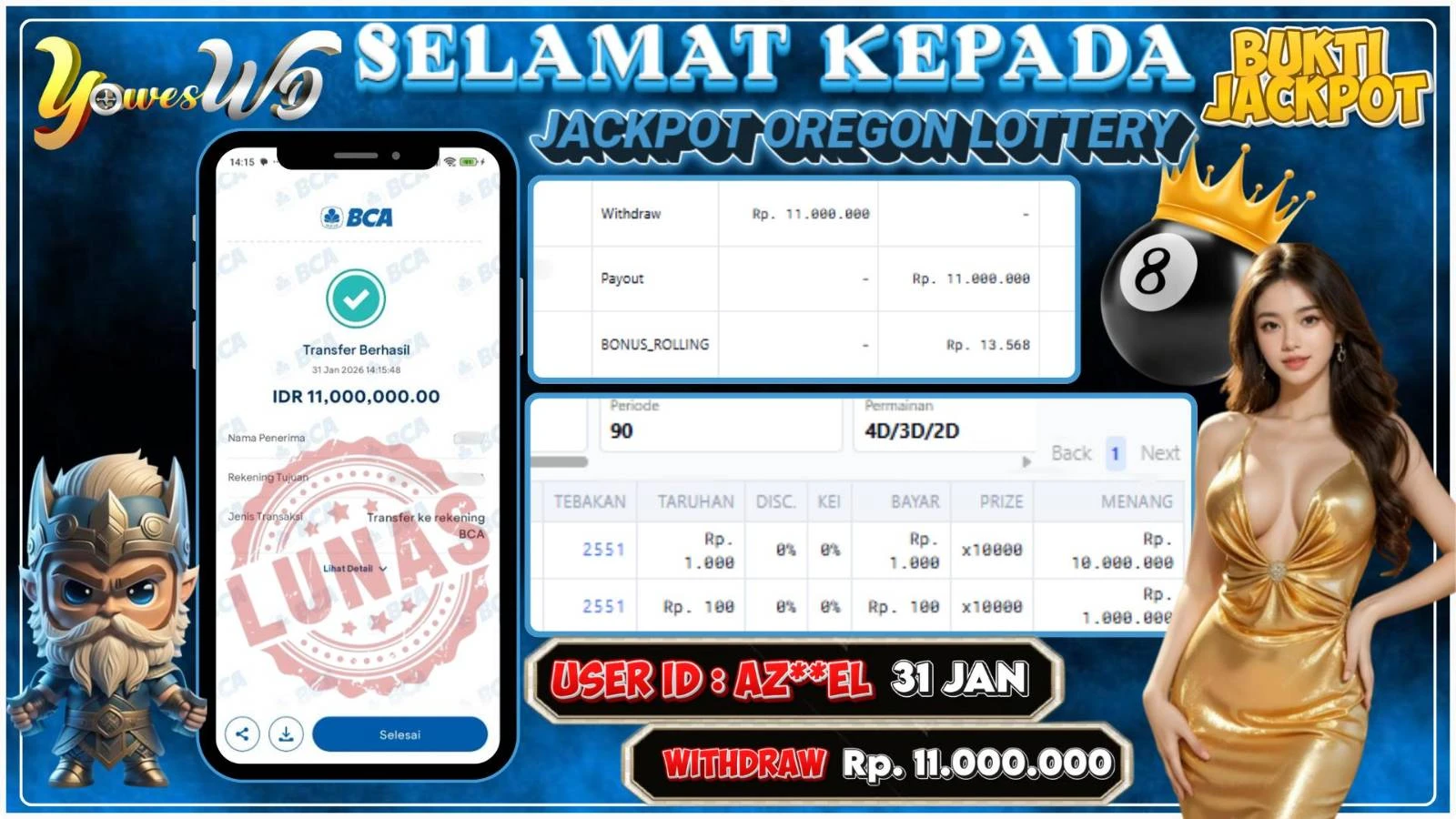 BUKTI JACKPOT KEMENANGAN Rp 11,000,000 DI SITUS YOWESWD 31-JANUARY-2026