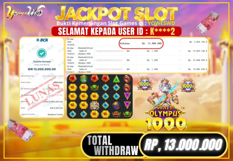 BUKTI JACKPOT KEMENANGAN SLOT Gate Of Olympus 1000 Rp 13,000,000 DI SITUS YOWESWD 05 MARET 2026