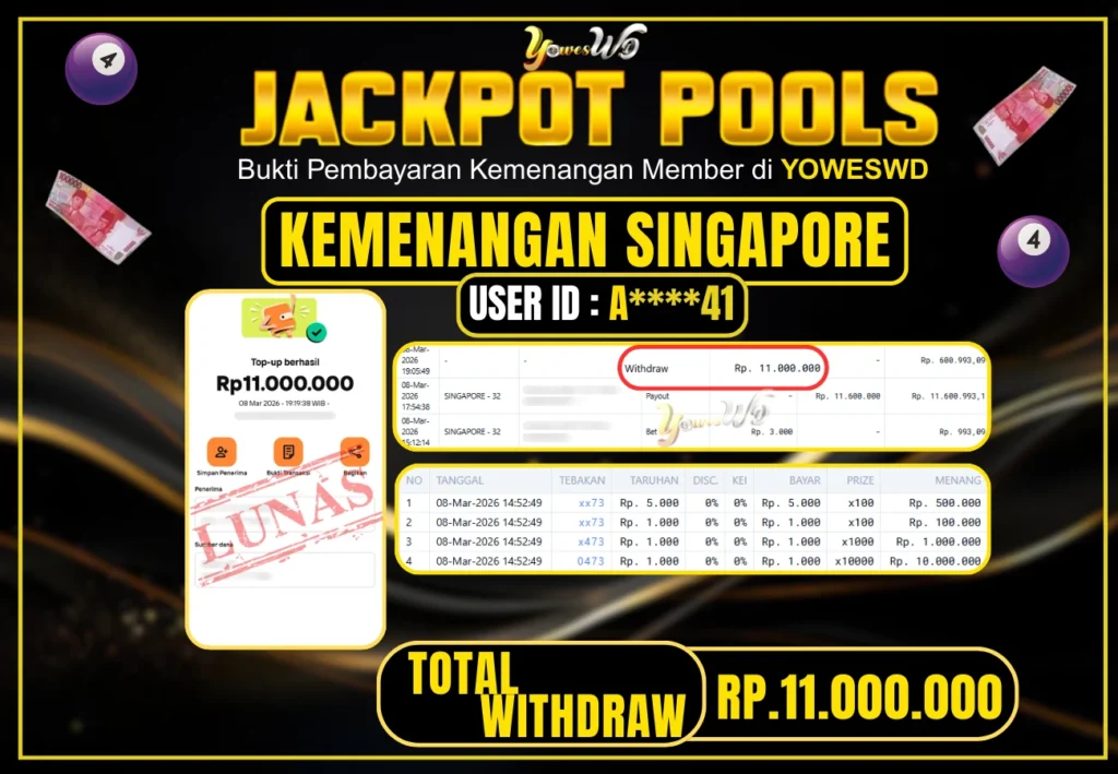 BUKTI JACKPOT KEMENANGAN TOGEL SINGAPORE POOLS Rp 11,000,000 DI SITUS YOWESWD 08 MARET 2026