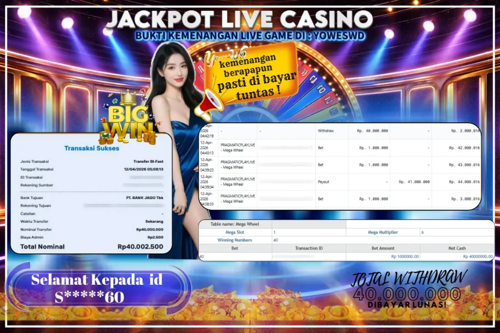 BUKTI JACKPOT KEMENANGAN LIVE CASINO PRAGMATICPLAYLIVE – Mega Wheel Rp. 40.000.000 DI SITUS YOWESWD 12 April 2026