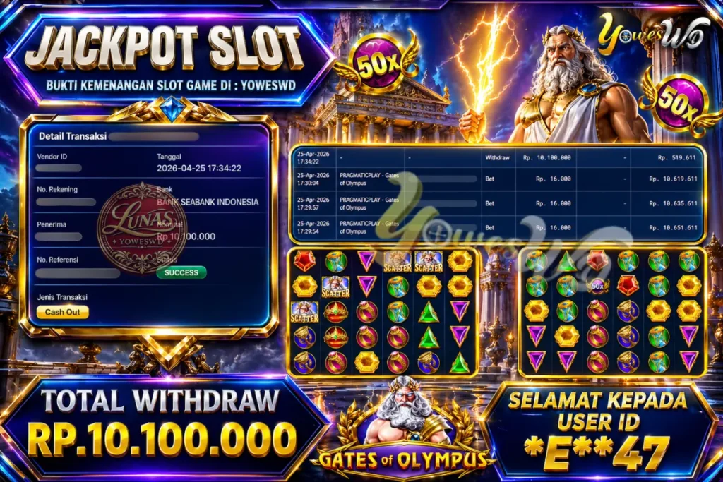 BUKTI JACKPOT KEMENANGAN PRAGMATIC- Gates of Olympus Rp. 10.100.000 DI SITUS YOWESWD 25 April 2026