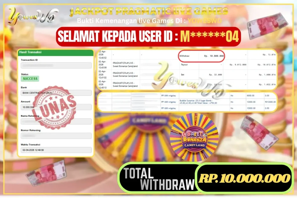 BUKTI JACKPOT KEMENANGAN LIVE CASINO PRAGMATICPLAYLIVE – Sweet Bonanza Candyland Rp. 10.000.000 DI SITUS YOWESWD 2 April 2026