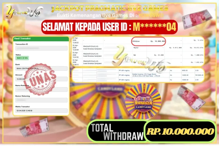 BUKTI JACKPOT KEMENANGAN LIVE CASINO PRAGMATICPLAYLIVE – Sweet Bonanza Candyland Rp. 10.000.000 DI SITUS YOWESWD 2 April 2026