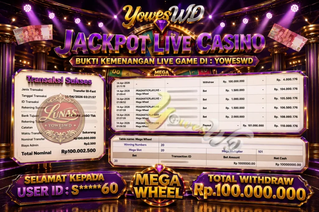 BUKTI JACKPOT KEMENANGAN LIVE CASINO PRAGMATICPLAYLIVE – Mega Wheel Rp. 100.000.000 DI SITUS YOWESWD 14 April 2026