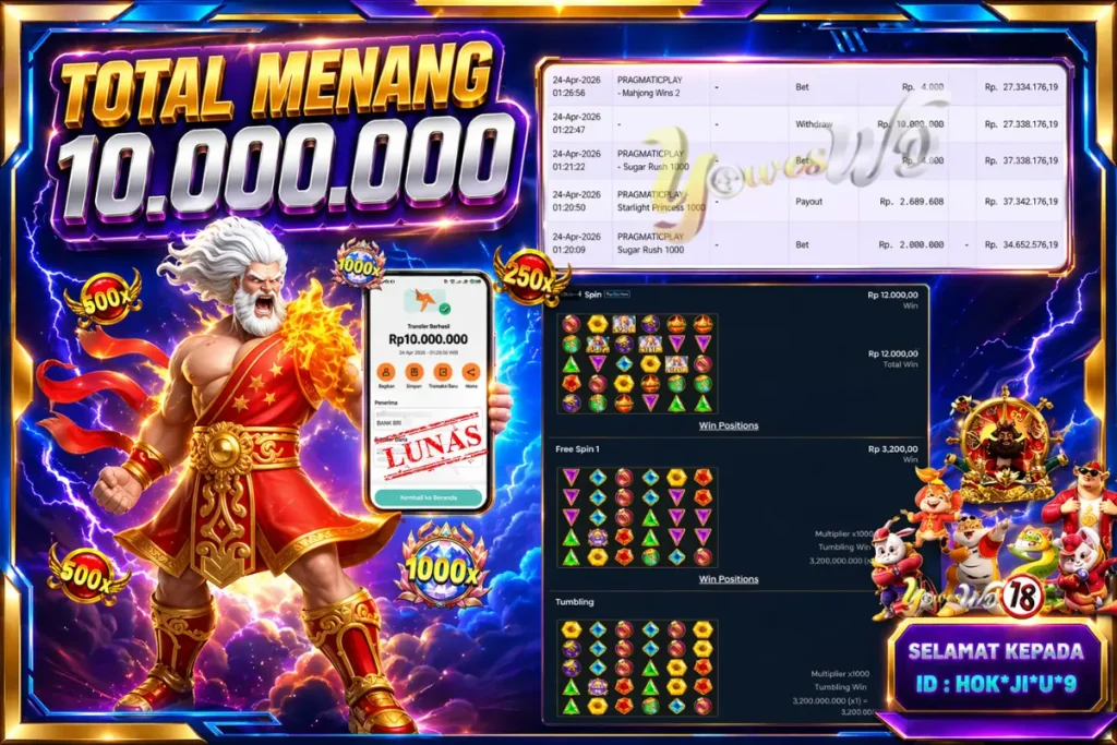 BUKTI JACKPOT KEMENANGAN PRAGMATIC- GATES OLYMPUS Rp. 10.000.000 DI SITUS YOWESWD 24 April 2026