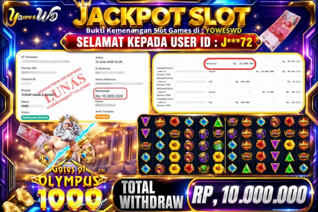 BUKTI JACKPOT KEMENANGAN PRAGMATICPLAY – Gates of Olympus 1000 Rp. 10.000.000 DI SITUS YOWESWD 12 Jun 2026