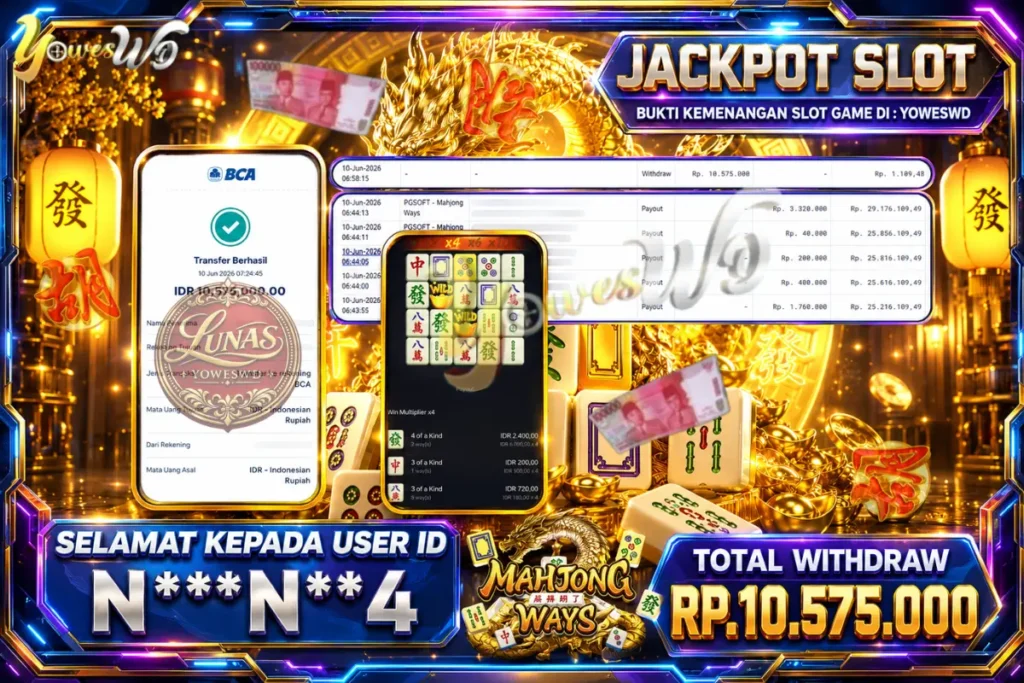 BUKTI JACKPOT KEMENANGAN PGSOFT – Mahjong Ways Rp. 10.575.000 DI SITUS YOWESWD 10 Jun 2026