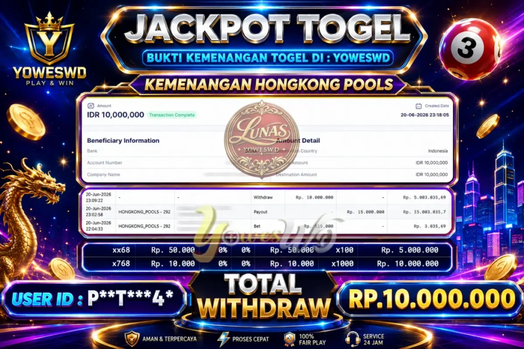 BUKTI JACKPOT KEMENANGAN TOGEL HONGKONG POOLS Rp. 10.000.000 DI SITUS YOWESWD 20 Jun 2026