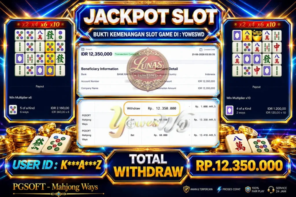 BUKTI JACKPOT KEMENANGAN PGSOFT – Mahjong Ways 2 Rp. 12.350.000 DI SITUS YOWESWD 21 Jun 2026