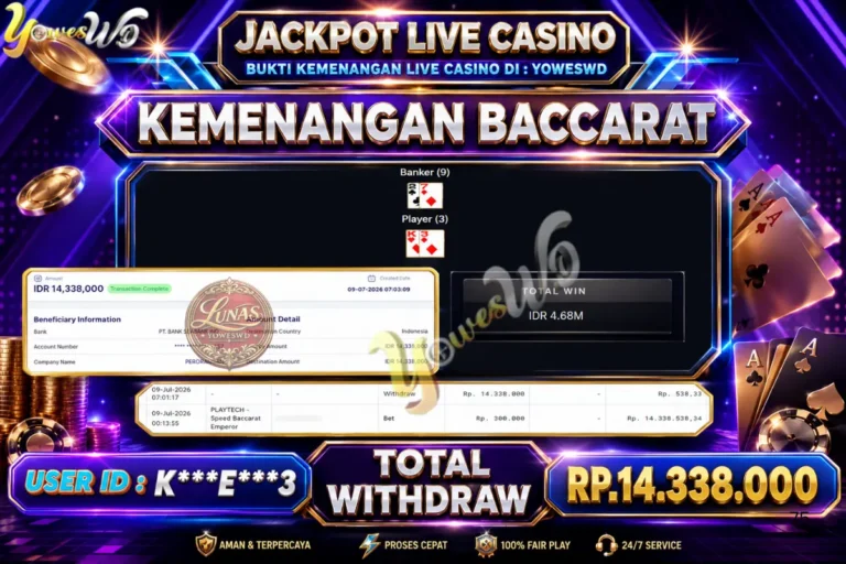 BUKTI JACKPOT KEMENANGAN LIVE CASINO Speed Baccarat Emperor Rp. 14.338.000 DI SITUS YOWESWD 08 Jul 2026