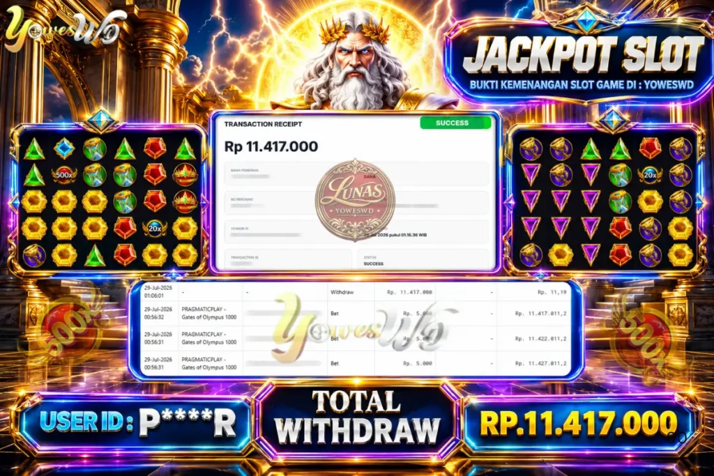 BUKTI JACKPOT KEMENANGAN SLOT PRAGMATICPLAY – Gates of Olympus 1000 Rp. 11,417,000 DI SITUS YOWESWD 29 Jul 2026