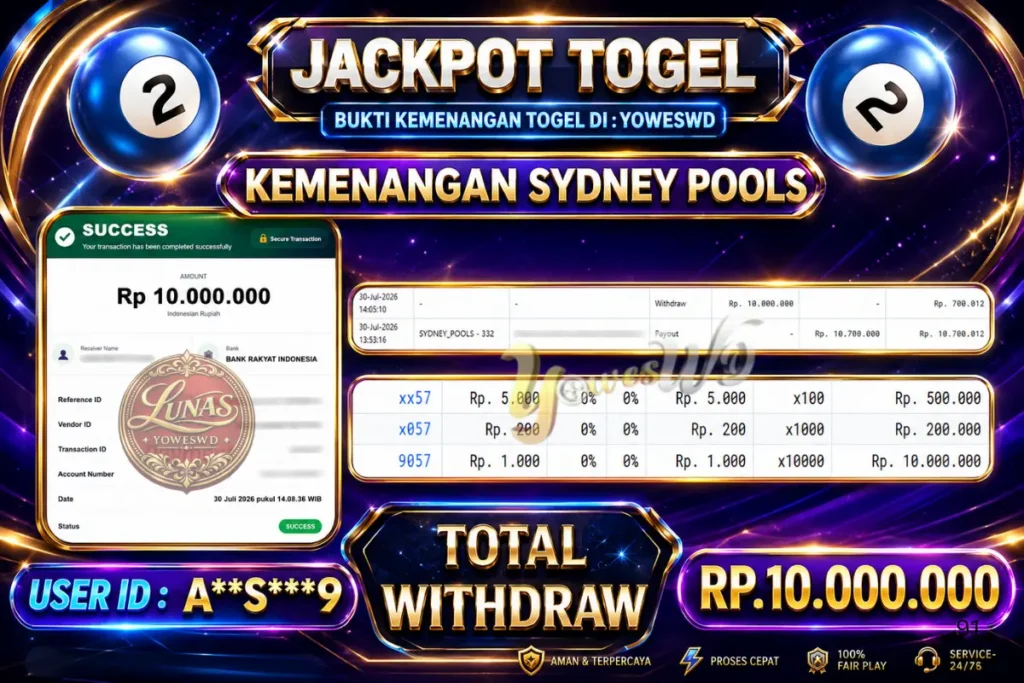 BUKTI JACKPOT KEMENANGAN TOGEL SYDNEY POOLS Rp. 10.000.000 DI SITUS YOWESWD 30 Jul 2026
