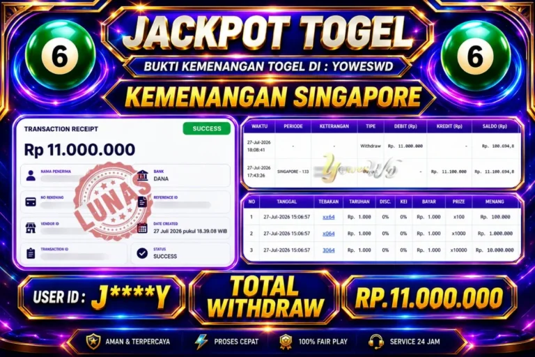 BUKTI JACKPOT KEMENANGAN TOGEL SINGAPORE Rp. 11.000.000 DI SITUS YOWESWD 27 Jul 2026