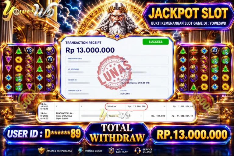 BUKTI JACKPOT KEMENANGAN SLOT PRAGMATICPLAY – Gates of olympus Super Scatter Rp. 13,000,000 DI SITUS YOWESWD 24 Jul 2026