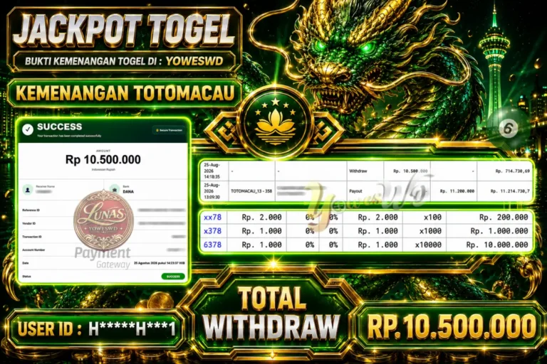 BUKTI JACKPOT KEMENANGAN TOGEL TOTOMACAU Rp. 10.500.000 DI SITUS YOWESWD 25 Agustus 2026
