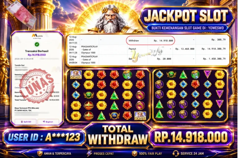 BUKTI JACKPOT KEMENANGAN SLOT PRAGMATICPLAY – Gates of Olympus 1000 Rp. 14,918,000 DI SITUS YOWESWD 12 Agustus 2026