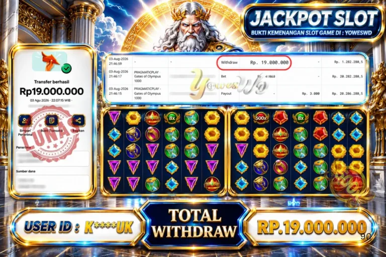 BUKTI JACKPOT KEMENANGAN SLOT PRAGMATICPLAY – Gates of Olympus 1000 Rp. 19,000,000 DI SITUS YOWESWD 03 Agustus 2026