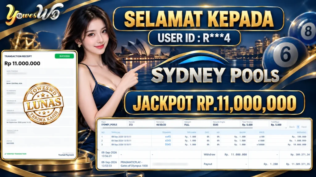 BUKTI JACKPOT KEMENANGAN TOGEL SYDNEY POOLS Rp 11.000.000 DI SITUS YOWESWD 08 September 2026