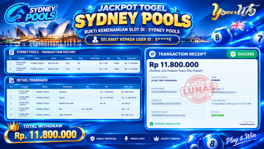 BUKTI JACKPOT KEMENANGAN TOGEL SYDNEY POOLS Rp 11.800.000 DI SITUS YOWESWD 15 SEPTEMBER 2026