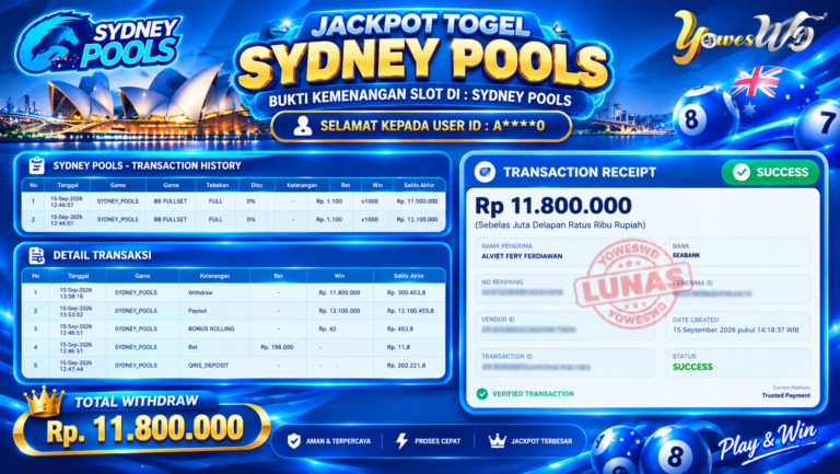 BUKTI JACKPOT KEMENANGAN TOGEL SYDNEY POOLS Rp 11.800.000 DI SITUS YOWESWD 15 SEPTEMBER 2026