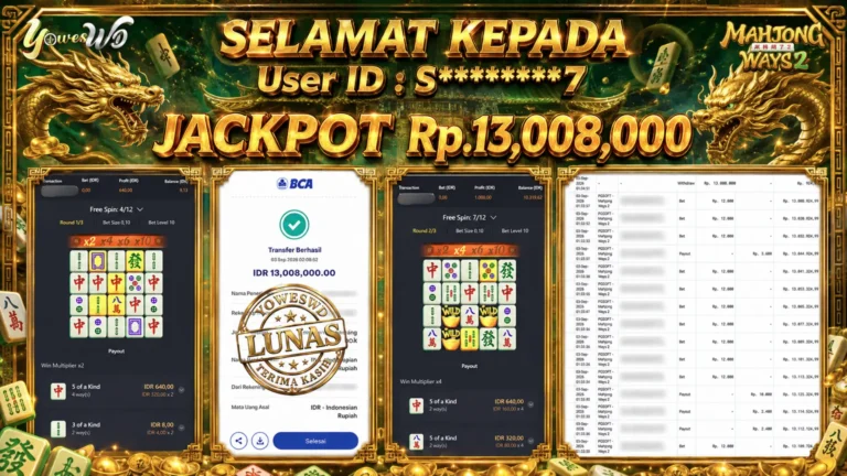 BUKTI JACKPOT KEMENANGAN SLOT PGSOFT – Mahjong Ways2  Rp 13.008.000 DI SITUS YOWESWD 03 SEPTEMBER 2026