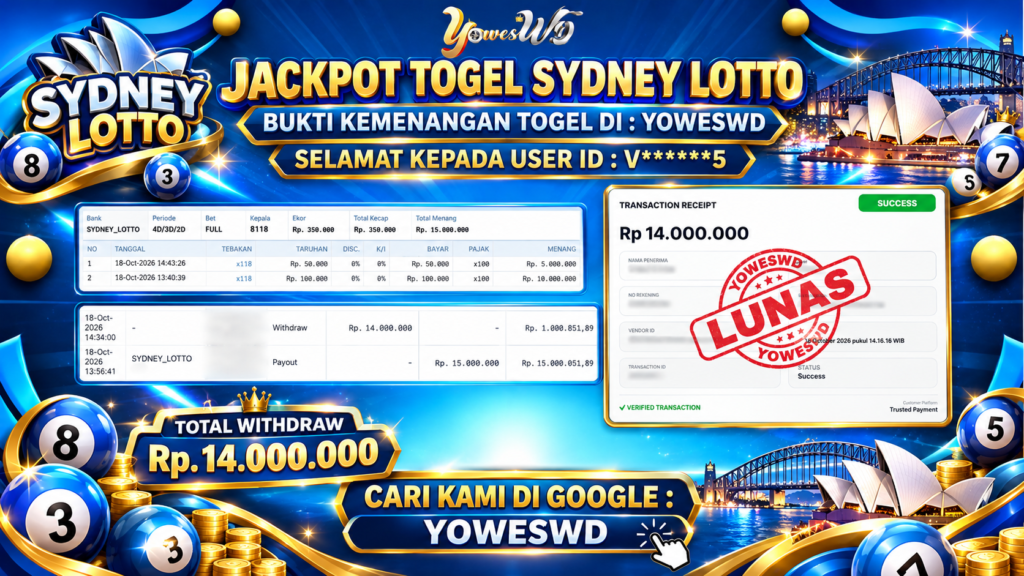 BUKTI JACKPOT KEMENANGAN TOGEL SYDNEY LOTTO Rp 14.000.000 DI SITUS YOWESWD 18 OKTOBER 2026