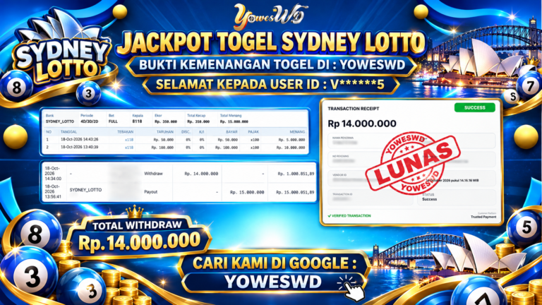 BUKTI JACKPOT KEMENANGAN TOGEL SYDNEY LOTTO Rp 14.000.000 DI SITUS YOWESWD 18 OKTOBER 2026